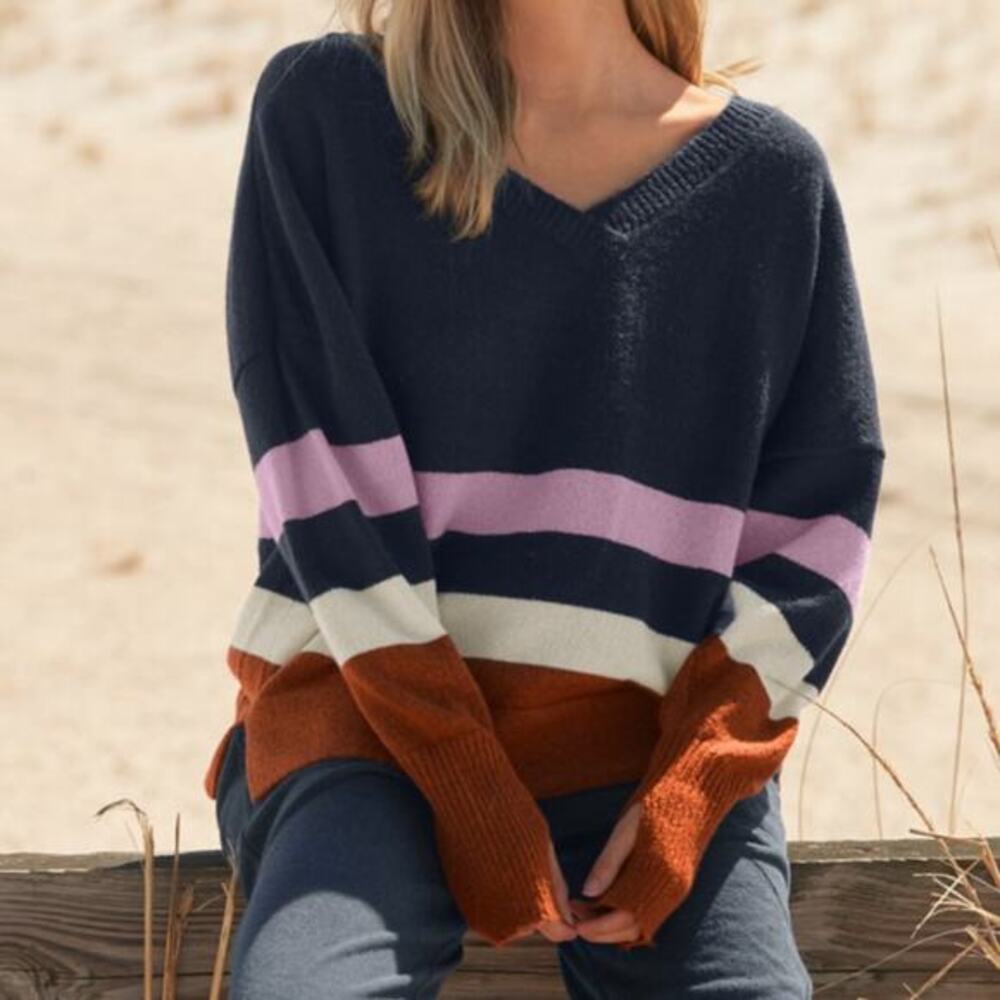 prAna Striped V-Neck Colorblock Knit Sweater XS Oversized Boho Cozy Earthy